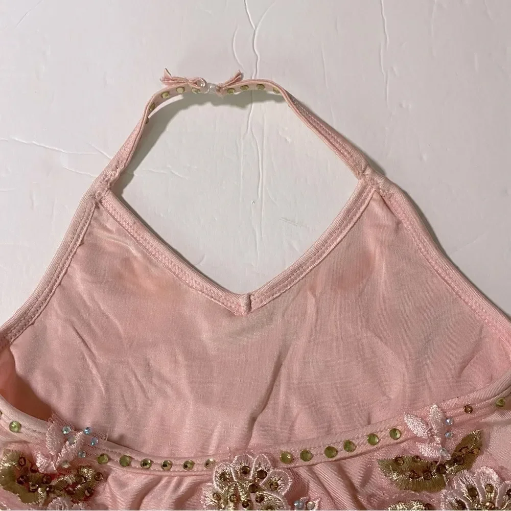 Glamour solo dance costume pastel pink yellow lyrical rhinestone dress small SC